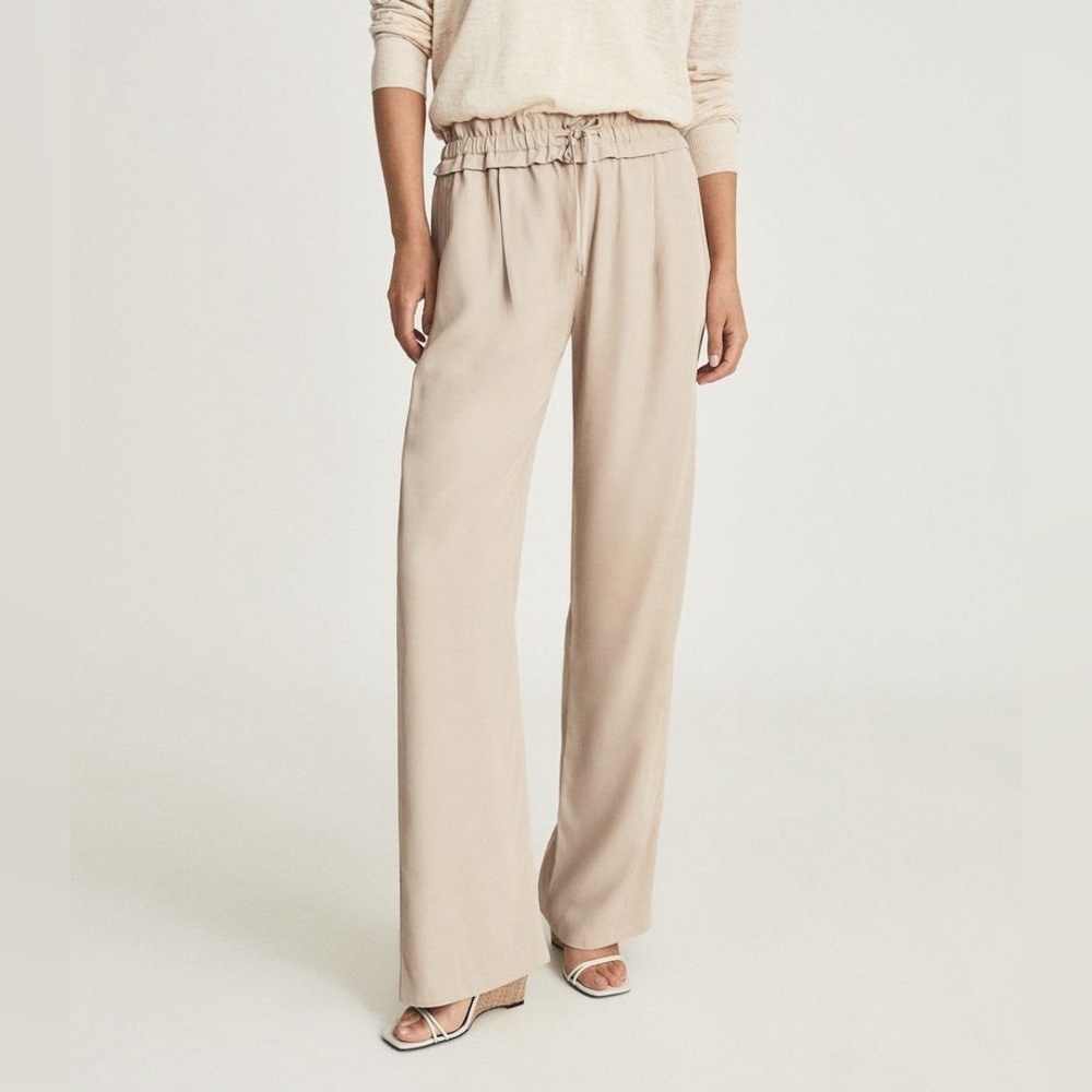 Reiss Women’s Odin High Rise Wide Leg Pull On Trousers Beige Size 8